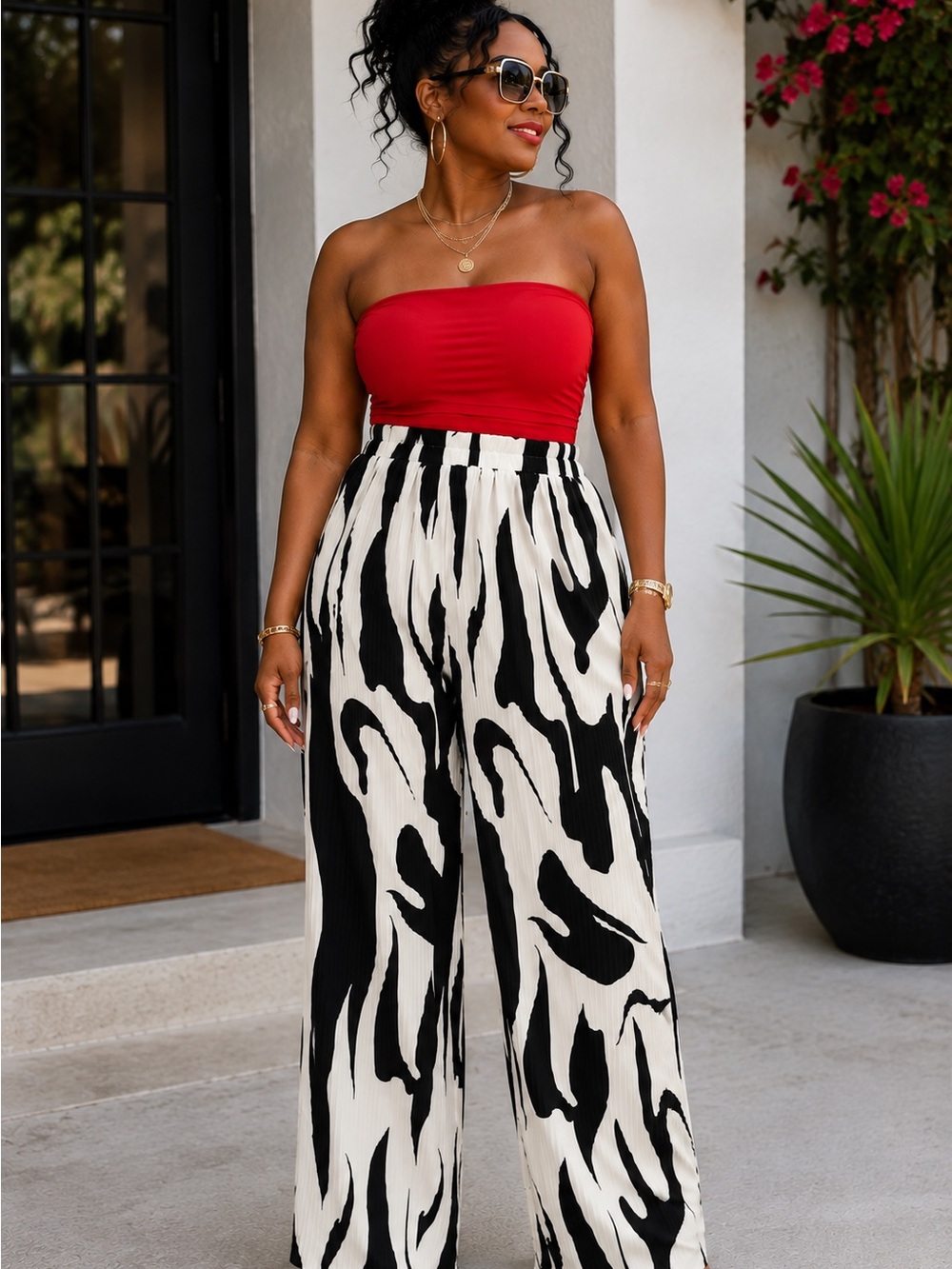 Wide Leg Zebra Print Pants - Black & White - Picture 2 of 10